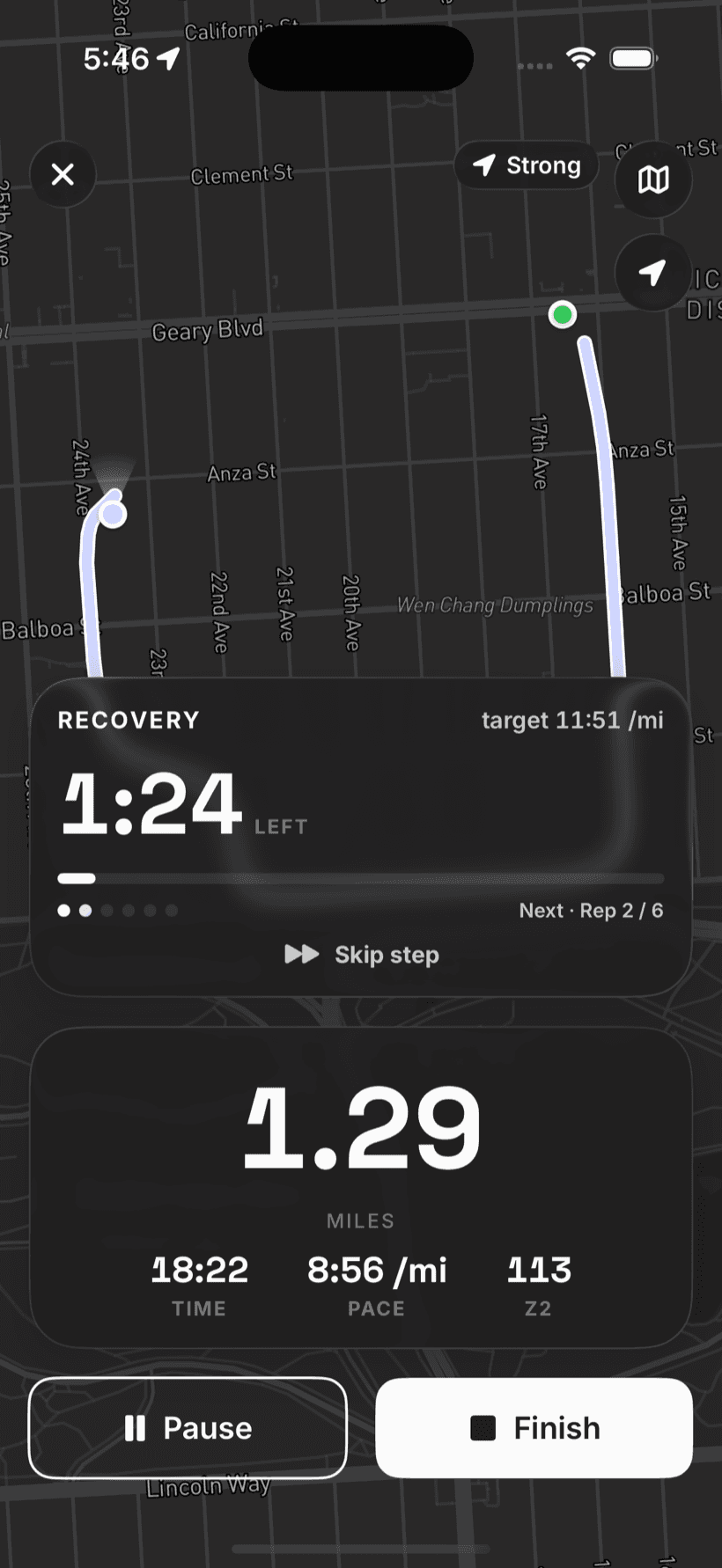Live guided run: warm-up step with target pace, distance remaining, live heart rate in zone 2