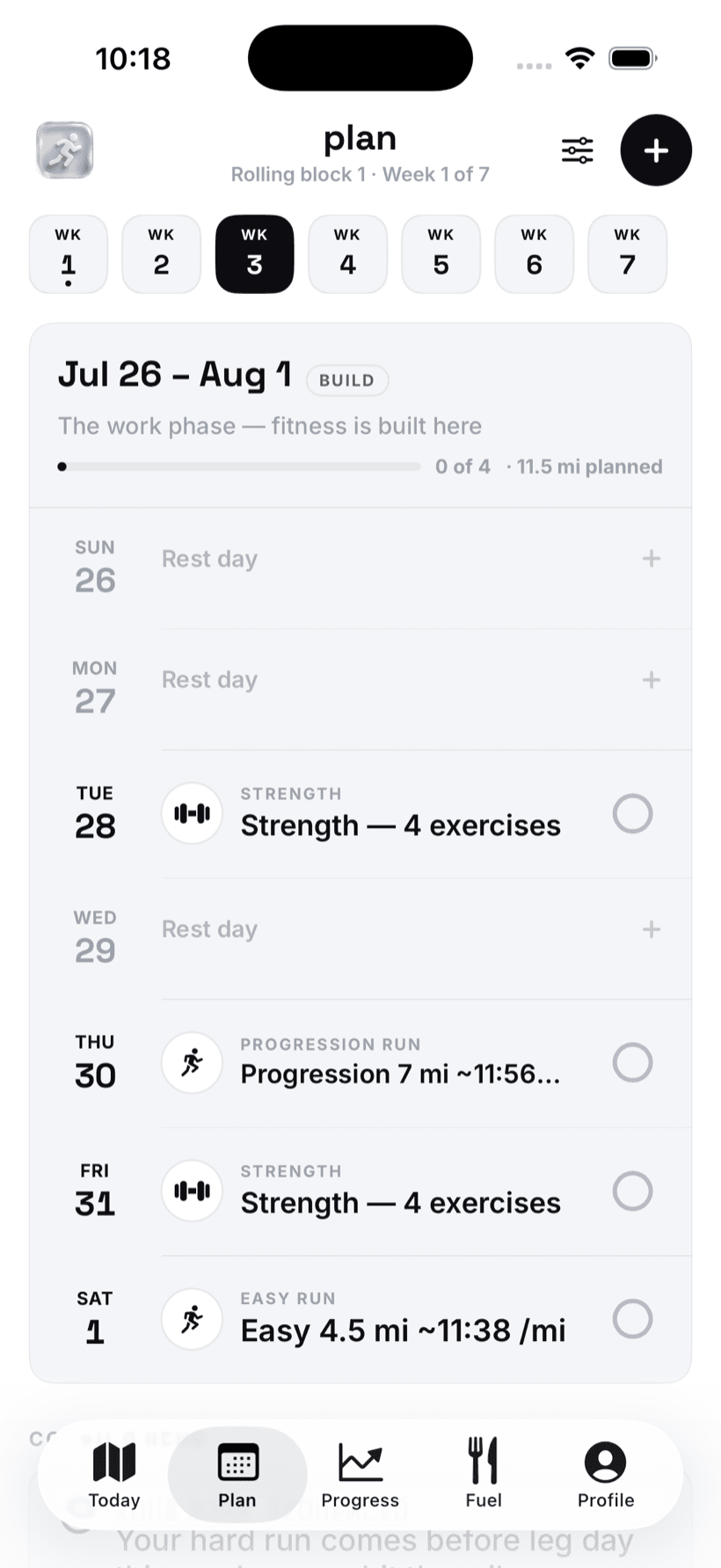 Training plan with week chips, Base phase label, and a long-run session card