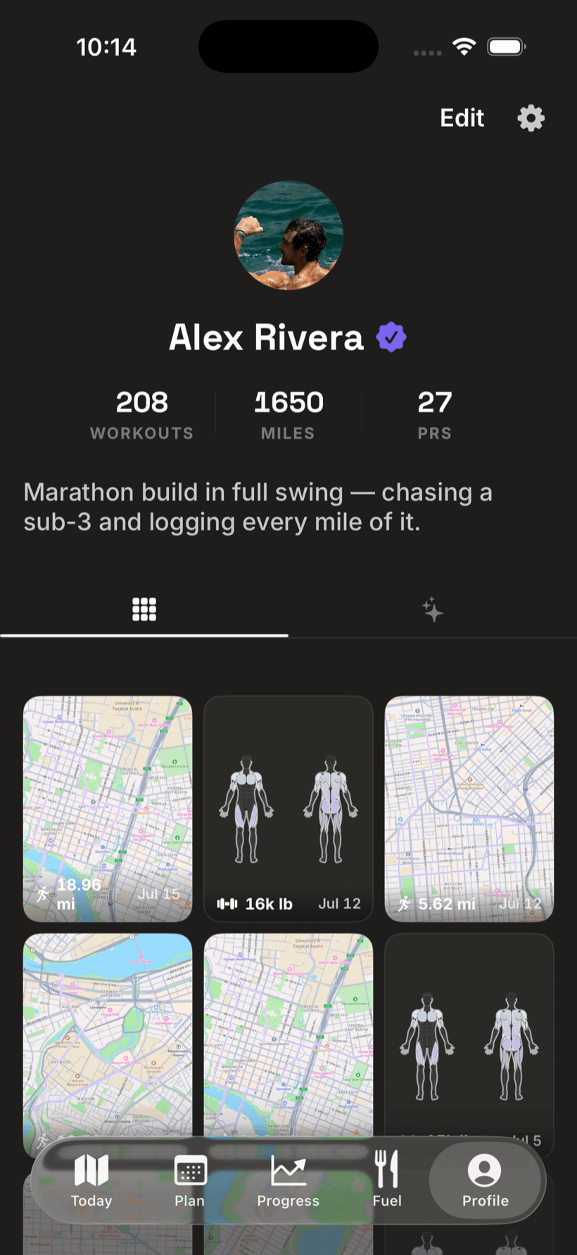Profile grid of workout tiles — route art and muscle maps